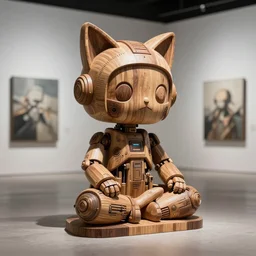 8k octan render photo detailed ,a wooden sculpture artoys on feet intricate ,very cute robot zen méditation with cat ears ,cyberpunk ,brutalist ,a contemporary art gallery , art by Enki bilal