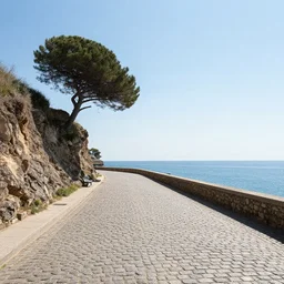 a lonely cobblestone street with a tree on a cliff over the sea at sunset, backlighting, brightly illuminated by rays of sun, in the style of Broken Sword: 2