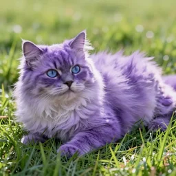 fluffy purple cat with blue eyes laying in the sun in a grassy field, highly detailed, 8k, studio photo,