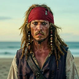 photo portrait of an rugged albino albino african african pirate with a red headband wearing a brown vest adult strong, small blonde mustache, afro blonde hair, stern face, rugged and dirty outdoors at a beach, cinematic lighting at sundawn outdoors, movie color grading