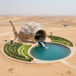 water collection system at desert terraformation project, venus project,  with snail-shaped biomimetic architecture, mini amphitheatre, mini lake, vertical vegetable gardens, robotic drones, XF IQ4, 150MP, 50mm, F1.4, ISO 200, 1/160s, natural light