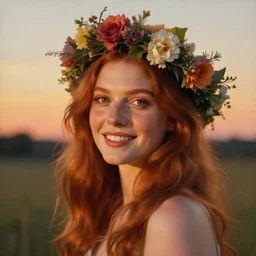Fine art photo of the most beautiful woman, she is redhead, she is posing while maintain a sweet eye contact to the camera, she has a crown of flowers, she has perfect white teeths, she is getting ulluminated by the rays of the sunset, the photo was taking by Annie Leibovitz, Ellie Victoria Gale, Steve McCurry, matte painting, oil painting, naturalism, 4k, 8k