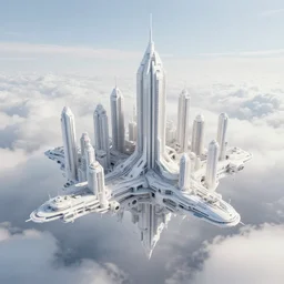 flying futuristic city from clouds, white color tone, fantastic, hyper realistic, artstation, octane render, global illumination. raytracing,