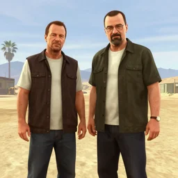 still of a gta 5 easter egg which shows gus fring and walter white with jesse pinkman in a desert, ingame screenshot