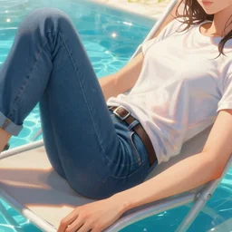 closeup portrait of widowmaker relaxing in jeans and a t - shirt on a floating pool chair, sunny, bright, reflections, intricate, sharp focus, lens flare, bloom, illustration, highly detailed, digital painting, concept art, matte, art by ruan jia and wlop and greg rutkowski, masterpiece