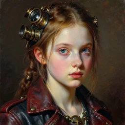 head and shoulders portrait of a young girl in a leather jacket, pale skin, vibrant color, steampunk, high detail, painting by artgerm and ruan jia and frank frazetta and caravaggio