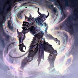 side profile, chaotic troll god of destruction, demon armor, gloomhaven, luminescent, colorful swirly magic ripples, pastel colors, by greg manchess, huang guangjian, gil elvgren, sachin teng, greg rutkowski, jesper ejsing, ilya kuvshinov