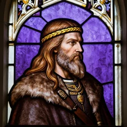gothic stained glass window, side - view portrait of a viking king, long hair and full beard, golden rope headband, furry coat, purple background, masterful, backlit