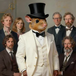 painted portrait of elegant wealthy anthropomorphic rodent in white suit with top hat and earing, natural light, neil gaiman, maria panfilova, andrea savchenko, mike kime, ludovic plouffe, qi shengluo, oliver cook, julian calle, eddie mendoza, trending on artstation