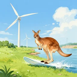 a kangaroo surfing next to windmills and a dam drawing