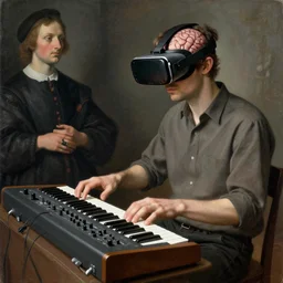 man wearing vr - brain - interface plays a modular synthesizer. painted by hieronymus bosch, giuseppe arcimboldo, albrecht durer digital art.