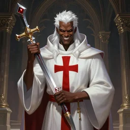 a highly detailed illustration of sadistic white haired tanned african priest wearing white robe with red cross design, wielding divine bloody sword, evil smile, gothic church background, intricate, elegant, highly detailed, centered, digital painting, artstation, concept art, smooth, sharp focus, league of legends concept art, wlop