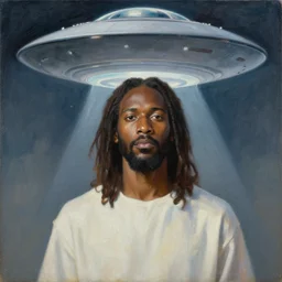 an African Jesus and a hovering UFO, portrait painting by Hsiao-Ron Cheng,