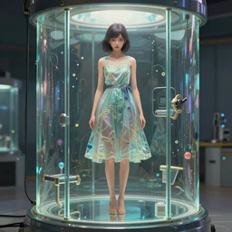 a beautiful artwork of a girl with a dress standing inside a machine made of glass by Jerome Opeña, featured on artstation