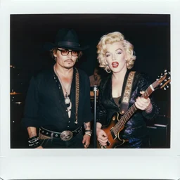 an old polaroid image of Johnny Depp and Marilyn Manson performing together in a band. Trending on Artstation, featured on Behance, well-rendered, intricate, highly detailed, very crispy, Unreal Engine, 4K HD