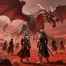 epic battle of medieval knights with a giant dragon in the red desert, ruan jia, herbert james draper, beautiful chiaroscuro, 8k, octane rendered, paint texture, highly detailed, realistic, wow, uplight