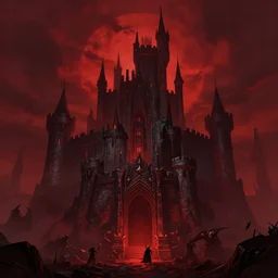 big evil castle - city rock dark shadow elves, might and magic heroes vii, dark fantasy, shadows, artstation trending, unreal engine 5, red