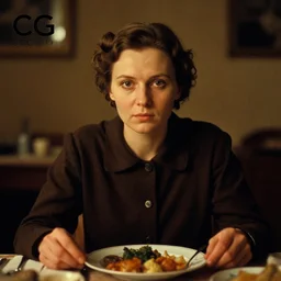 1 9 7 9 a soviet movie still a russian woman sitting at a table with a plate of food in dark warm light, a character portrait by nadya rusheva, perfect symmetric coherent face, featured on cg society, neo - fauvism, movie still, 8 k, fauvism, cinestill, bokeh, gelios lens