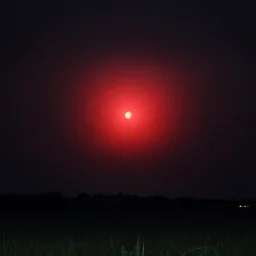 a giant red glowing spot is visible in the sky, night, field, 2003 photo taken from phone