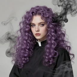 beautiful priestess with curly mauve hair, ink smoke swirling fluid, artgerm, photorealism, portrait