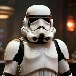 film still of star wars, stormtrooper standing in a cantina, closeup portrait, dust, scum and villainy, rim light, embers, hyper detailed, smooth, high contrast, concept art, volumetric lighting, ralph mcquarrie, doug chiang, ryan church