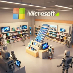 environment art matte painting of a 2 0 5 0 s microsoft retail interior, phones, tablets, robots and mannequins, by ruan jia by liam wong trending on artstation, 4 k