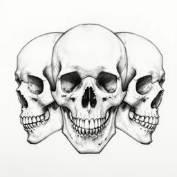 three faced skull, symmetrical, sketch, detailed rough ink drawing, black on white