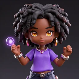 ! dream black girl nendoroid black girl with curly hair and amber eyes wearing purple t shirt, african american, jewelry and magic powers by loish, african american girl, dark brown skin