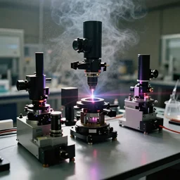 high tech optical instruments mounted on a large table, extremely detailed, devices diffracting lasers, few colors, scientific laboratory experiments, photoreal, new equipment, analog nikon photo, lots of smoke in the background, dust particles in the air