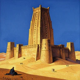 the last tower in an ancient desert looms over the small people who dwell outside of it's shaded walls. an image of the future ever receding from the clutches of greed. vivid art deco romanticism, epic composition. harsh linework. by dan mumford, by thomas cole