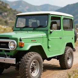closeup of a green Toyota Fj43 build in 1981, traveling through the mountains 8K, octane render, 8K,