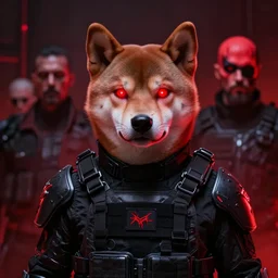 wearing tactical armor, gothic, anthropomorphic shiba inu, portrait, red laser eyes, masterpiece, glowing red neon, by donato giancola and greg rutkowski and wayne barlow and zdzisław beksinski, realistic face