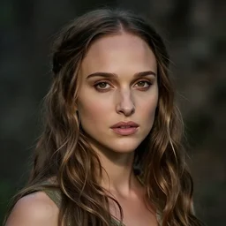 a realistic, very beautiful and atmospheric portrait of a young natalie portman as a druidic warrior wizard looking at the camera with an intelligent but seductive gaze by rebecca guay, michael kaluta, charles vess and jean moebius giraud