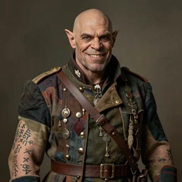 1 9 th century style portrait of a a middle aged half orc with lueish intelligent eyes, wearing a bemused fanged smile on his face. dressed in a patchwork military uniform jacket with cut sleeves, runic arm tattoos, his jacket has many charms and baubles and an upturned collar.