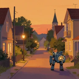 a quaint suburban street at night with maschinen krieger, warm saturated colors, inspired by art of simon stalenhag
