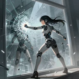 a large shattered window, beautiful cyborg - girl punching into window, cyborg - girl punching reflections, glass shards flying, cyborg - girl punching mirror reflection, full round face, biomechanical details, cyberpunk anime art, full body shot, lens flare, wlop, ilya kuvshinov, artgerm, krenz cushart, greg rutkowski