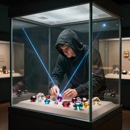 thief stealing gems from museum, thick glass display case, lasers, volumetric lighting, by tyler edlin