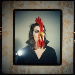 kodak portra 4 0 0, wetplate, flashlight, 8 5 mm carl zeiss, blueberry, award - winning colour portrait by britt marling : a sunlit 1 9 6 0 s crazy chicken vampire with long fangs, quadratic quadratic picture frames, haze, wallpaper, fog, no people