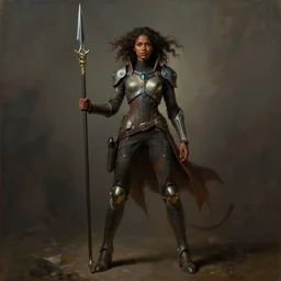 a brown skinned female demon hunter with mid dark curly hair and a futuristic uniform, windy, she is holding a adorned spear, stoic, modern, shes alone, maximalist fashion, hyperdetailed, dramatic, epic painting, painted by jean honore fragonard and greg rutkowski, full body, octane render, sharpness, 8 k, golden ratio