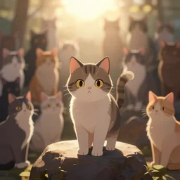 cat standing on a rock in front of a crowd of cats, dramatic, backlighting, digital art, trending on furaffinity, by kawacy, fanart