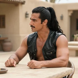 muscular man sitting at table on tatooine, wearing a black black black leather vest vest vest, no shirt, shirtless, long long black black hair in a ponytail ponytail 9 9 9 9 9 8