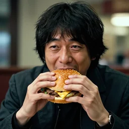 Satoshi Nakamoto eating a cheeseburger, photo realistic, award-winning, highly-detailed, epic, cinematic, dramatic