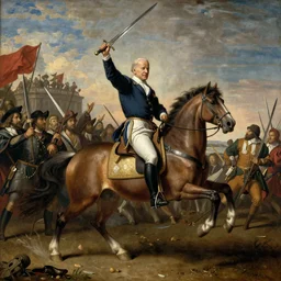 Joe Biden riding a horse in the middle of a battle, holding a sword high, renaissance painting