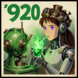 advertise poster, retro 1 9 2 0, text green machine, a female cyborg with purple glowing eyes and a steampunk diadem drinking a green flaming drink, highly detailed painting by studio ghibli and carravagio, leyendecker, craig mullins, nice lighting, smooth tiny details