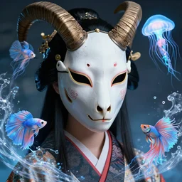 goddess macro close - up portrait with crown and mask made of ram skull. beautiful intricately detailed japanese crow kitsune mask and clasical japanese kimono. betta fish, jellyfish phoenix, bioluminiscent, plasma, ice, water, wind, creature, artwork by tooth wu and wlop and beeple and greg rutkowski