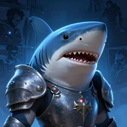 portrait of an antropomorphic shark knight with the face of a white shark, mattepainting concept blizzard pixar maya engine on cold night stylized background splash comics global illumination lighting artstation lois van baarle, ilya kuvshinov, rossdraws