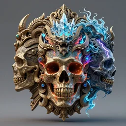 3 d ornate carved head with tattoos profile portrait, sigma 5 0 0 mm f / 5. beautiful intricate highly detailed quetzalcoatl skull. bioluminescent, plasma, lava, ice, water, wind, creature, thunderstorm! artwork by tooth wu and wlop and beeple and greg rutkowski, 8 k trending on artstation