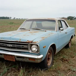 A photograph of a rusty, worn out, broken down, decrepit, run down, dingy, faded, chipped paint, tattered, beater 1976 Powder Blue Dodge Aspen in a farm field, photo taken in 1989
