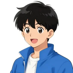 black-haired teenager with short wavy middle-parted hair, wearing a blue jacket, he is chipper and excited. drawn by Yoji Shinkawa. character design