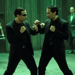 Mr Bean as neo in the matrix, fight scene, green tinted, 35mm film